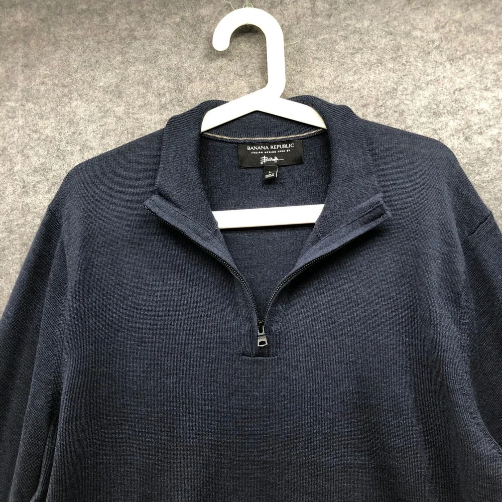 Banana Republic Quarter Zip Sweater Mens L Navy Blue Merino Wool Italian Baruffa
